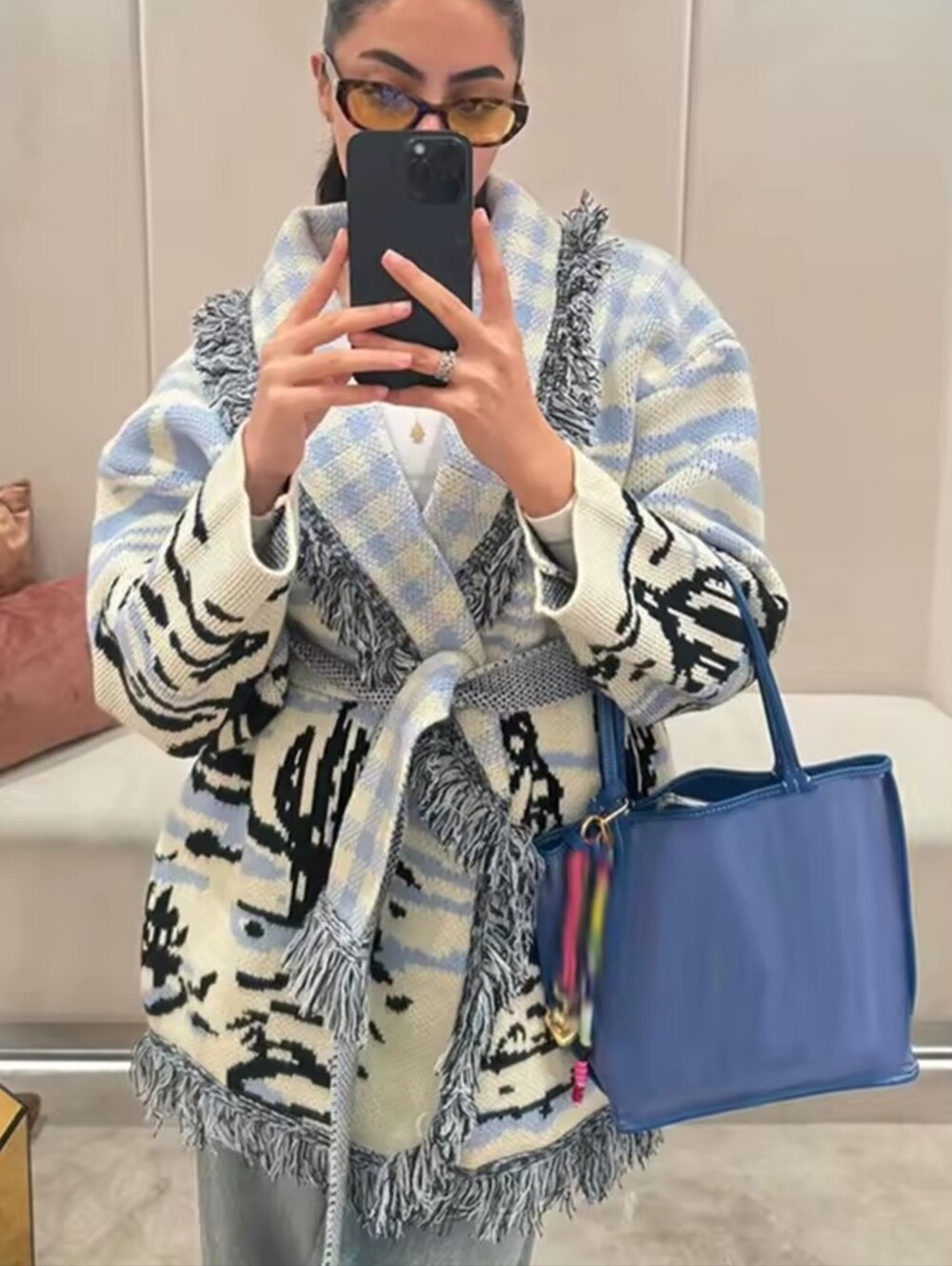 Print Knit Tassel Cardigan Women With Belt Blue V-neck Long Sleeve Lace